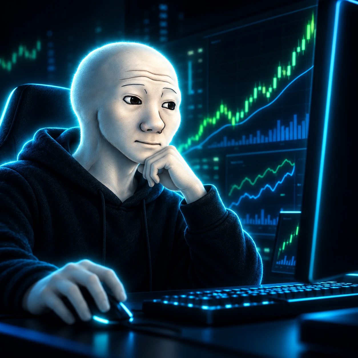 Wojakus sitting at a computer with charts on the screens